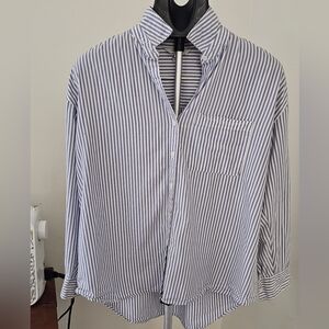 Nine West Women's Blue and White Striped Button Down Shirt
